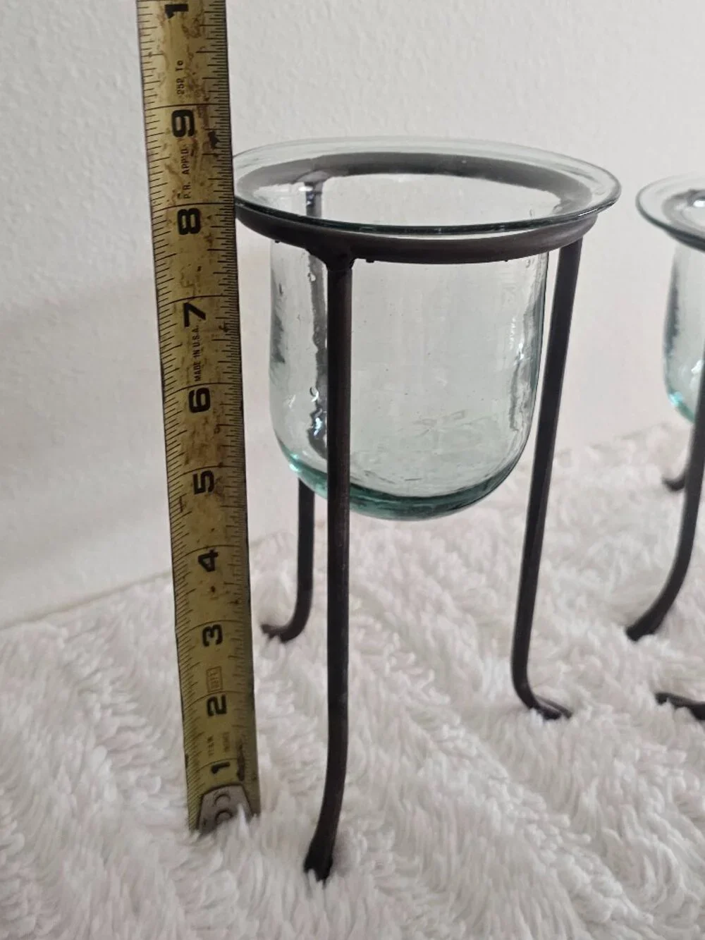 Wrought iron and hand-blown glass candle holders